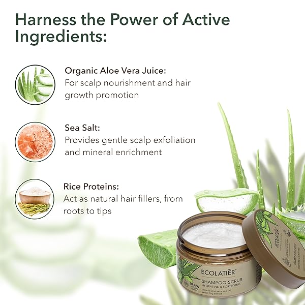 SHAMPOO SCRUB & SCALP EXFOLIATOR WITH ORGANIC ALOE VERA – HYDRATING, FORTIFYING HAIR SCRUB FOR GROWTH, VEGAN, 97.4% NATURAL, GENTLE MOISTURIZING FOR SENSITIVE SCALP