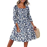 Caracilia Women 3/4 Sleeve Square Neck 2026 Summer Fall Wedding Guest Floral Smocked Casual Boho Midi Dresses