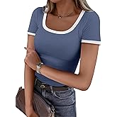 ANRABESS Women Short Sleeve Tops Square Neck Ribbed Knit Color Block T Shirts Fitted Casual Summer 2026 Trendy Basic Tees