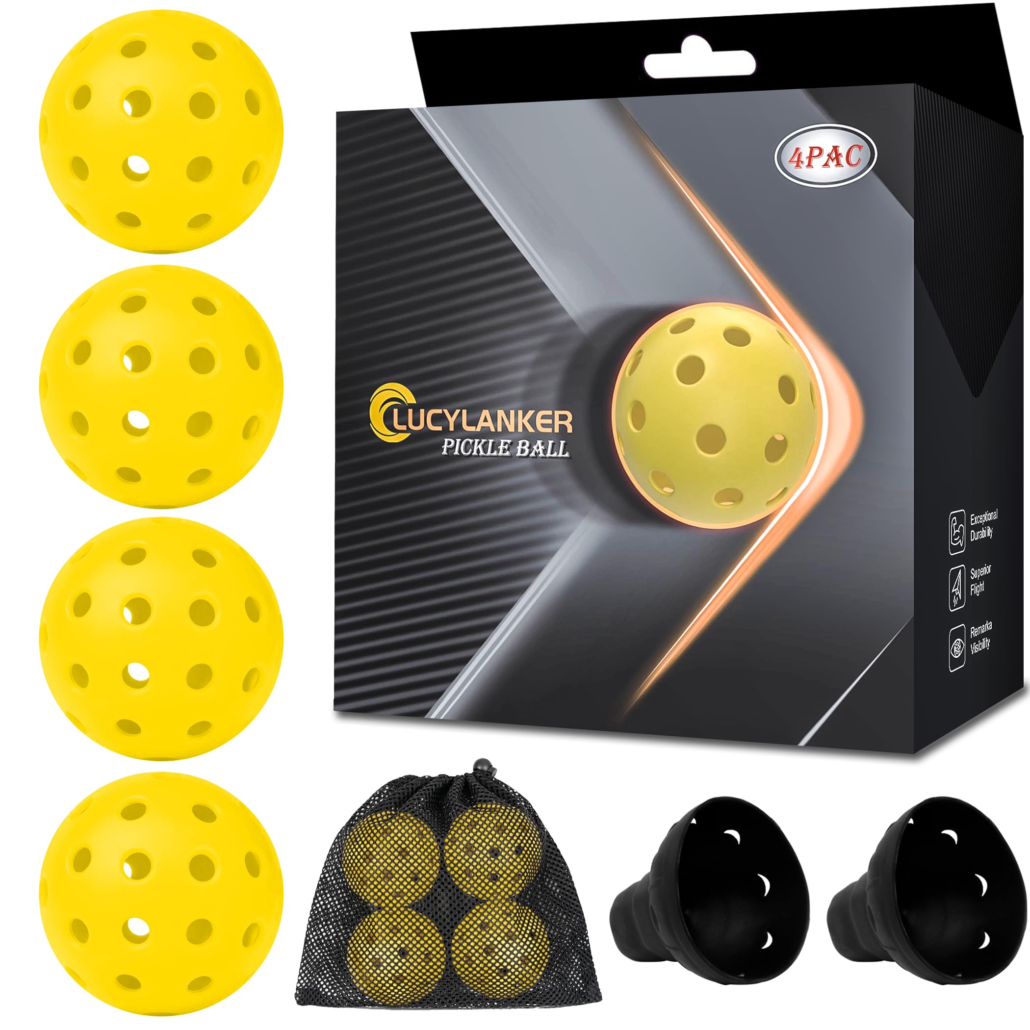 LUCYLANKER Outdoor Pickleball Balls, 40 Holes Pickle Balls with Mesh Bag & 2 Ball Retrievers, USAPA High Bounce & Durable Pickleball for All Style Pickleball Paddle & Court (Yellow, 4 Pack)