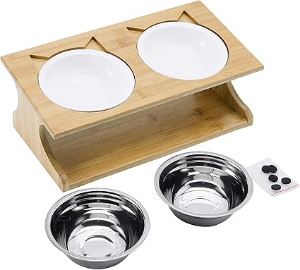 Amazon Com Ohguya Elevated Cat Feeder With Wooden Stand Pet