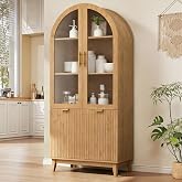 Pamapic 71" Tall Arched Cabinet with Glass Doors, Fluted Kitchen Pantry Cabinet, Modern Wood Storage Cabinet with Adjustable Shelves, Curio Display China Cabinet for Dining Room, Living Room(Natural)