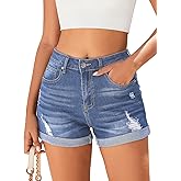 Bosmeer Women's Mid-High Rise Ripped Denim Shorts Stretchy Distressed Jean Shorts with Pockets Folded Hem Casual Summer Jorts