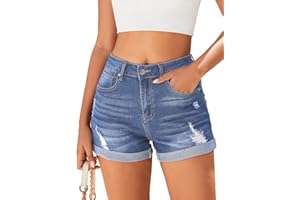Bosmeer Women's Mid-High Rise Ripped Denim Shorts Stretchy Distressed Jean Shorts with Pockets Folded Hem Casual Summer Jorts