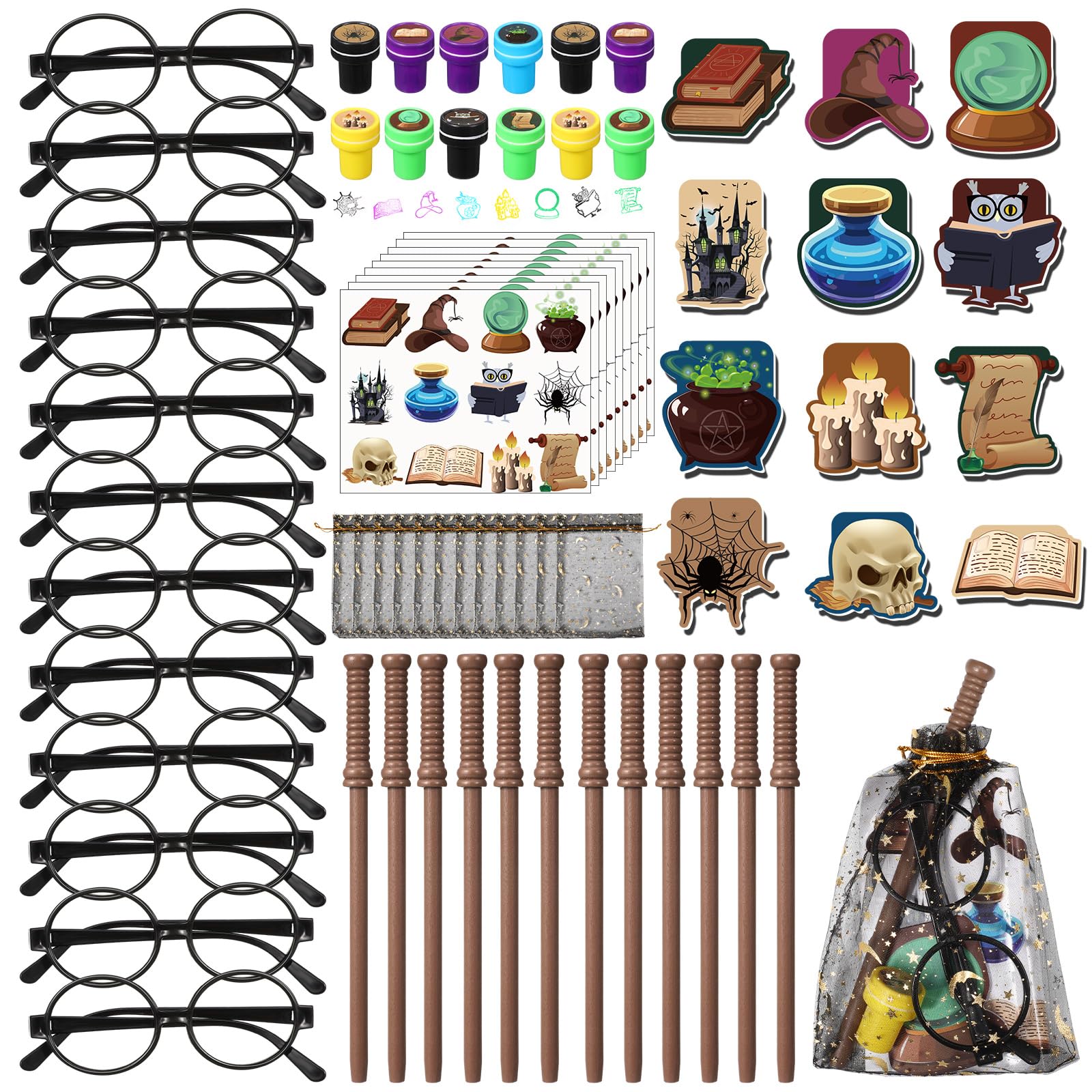 Photo 1 of Pasimy 144 Pcs Wizard Party Favors Birthday Decorations with Mini Notebook Black Glasses Pencil Stamp Sticker Gift Bag for Kids Wizard Magical Goody Bag Stuffer Classroom Prize Supplies (Wand)