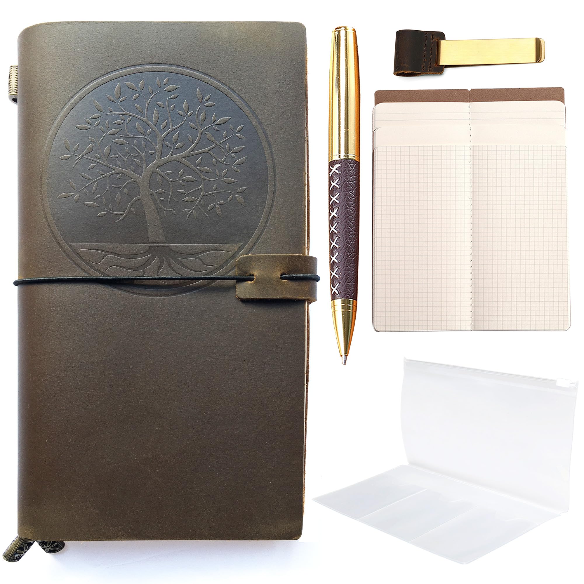 Sovereign-Gear Refillable Leather Journal, Tree of Life Embossed Travellers Notebook | 8.5 x 4.5 Leather Travel Journal with 5 Inserts | Travel Diary Planner for Women TN Standard Notebooks