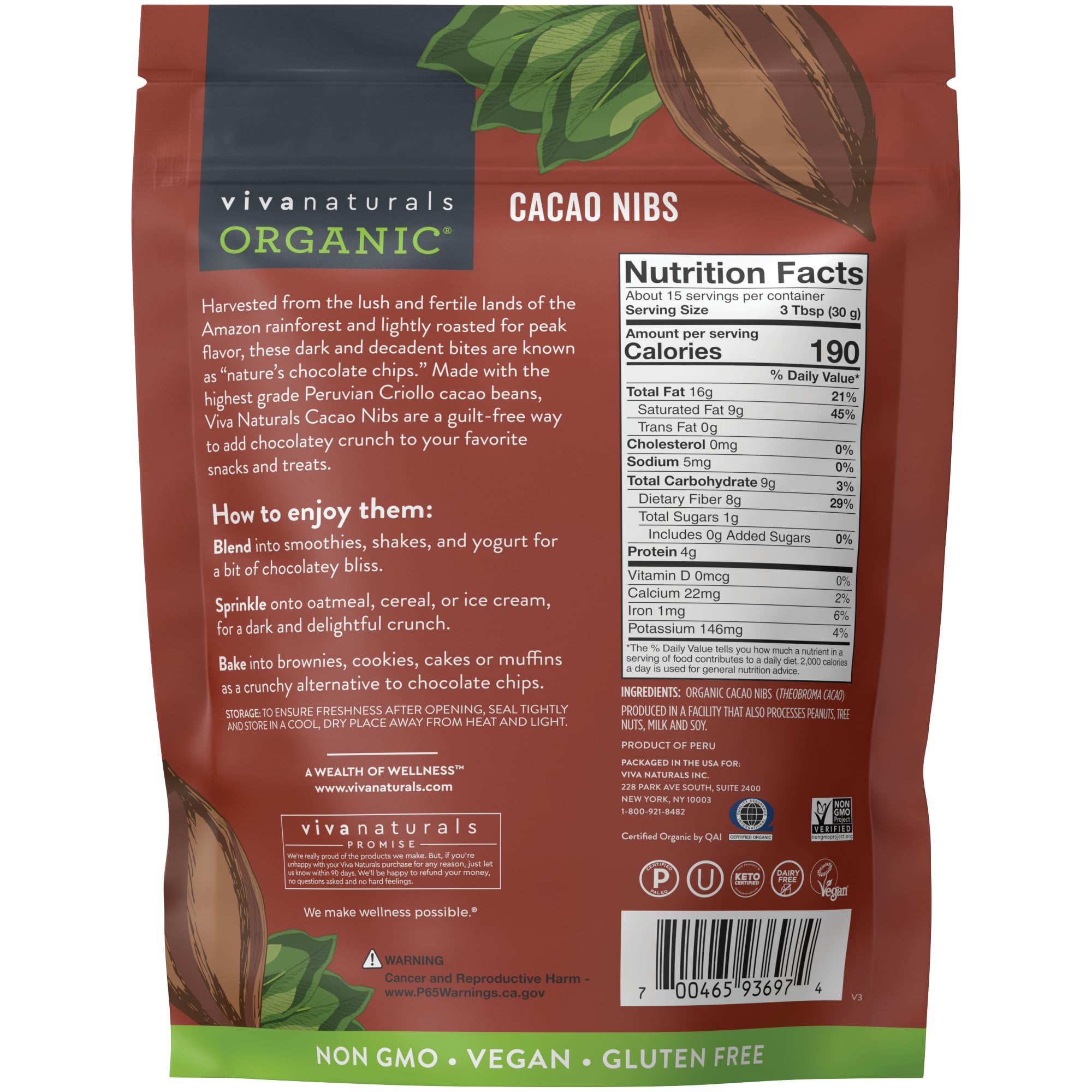 Viva Naturals Organic Cacao Nibs, 1 Lb - Certified Keto and Vegan Superfood, Perfect for Gluten Free Baking, Cacao Nib Smoothies and Healthy Snacks, Premium Criollo Beans, Non-GMO