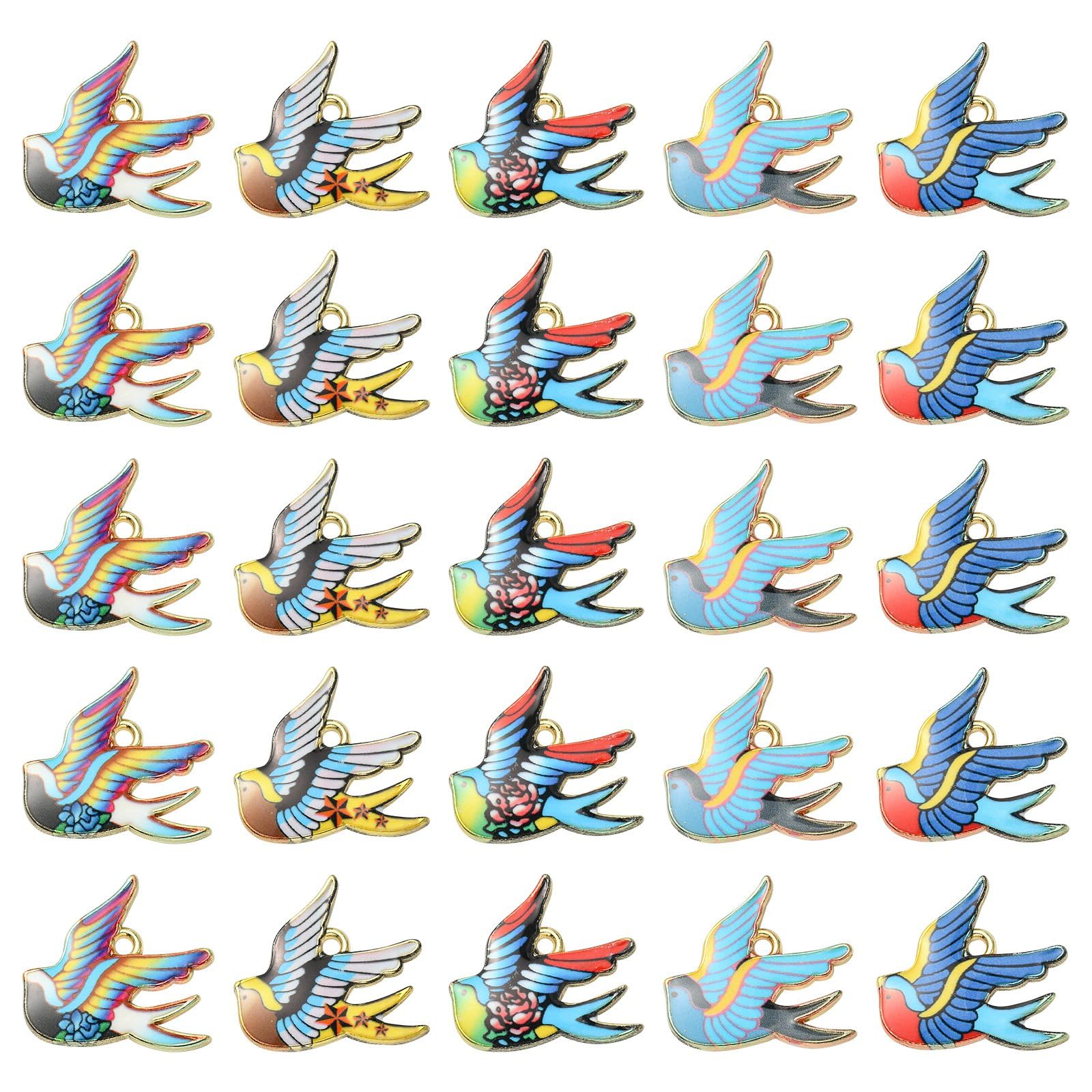 Stiesy 25Pcs 5 Styles Enamel Bird Charms Pendants Swallow Charms Colorful Printed Bird Charms Cute Animal Dangle Charms for DIY Crafts Jewelry Making