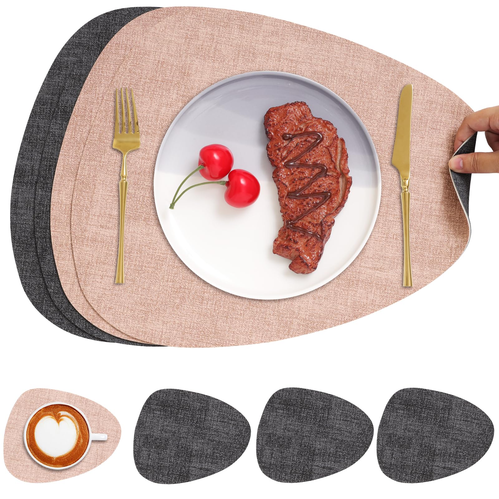 Chitomars Placemats and Coaster Set of 4, Place Mats Table Mats Coffee Mats Placemats set of 4 Triangle Waterproof Wipeable Dual Sided Kitchen Heat Resistant Non-Slip Washable