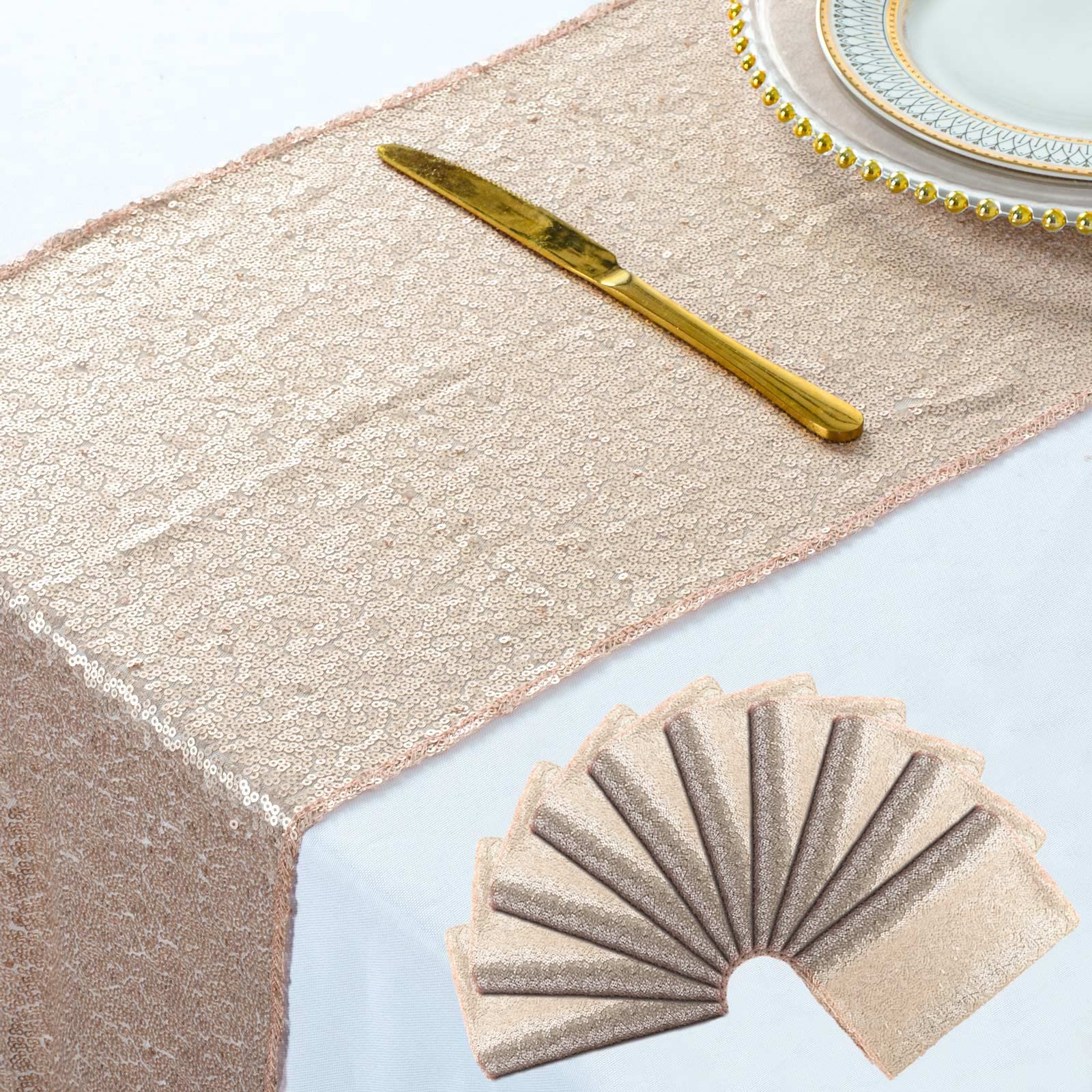 Photo 1 of ShinyBeauty Champagne Table Runners Pack of 10 Wedding Decor Sequin Table Runner 12x108-Inch Champagne Blush Table Runner -0908S