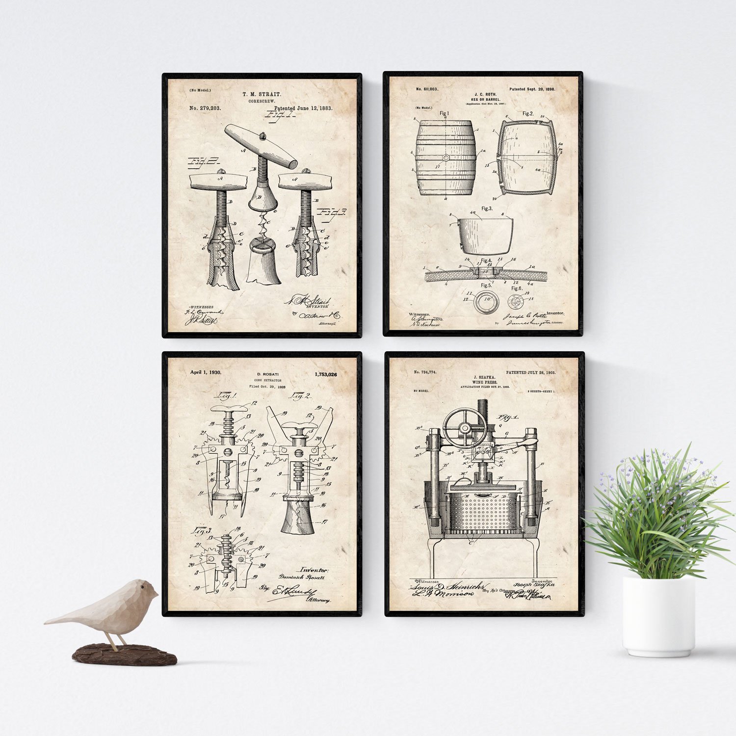 Nacnic VINTAGE - Pack of 4 sheets with PATENTS WINE. Set posters with inventions and old patents. Choose the color you like. Printed on 250 grams — image 1