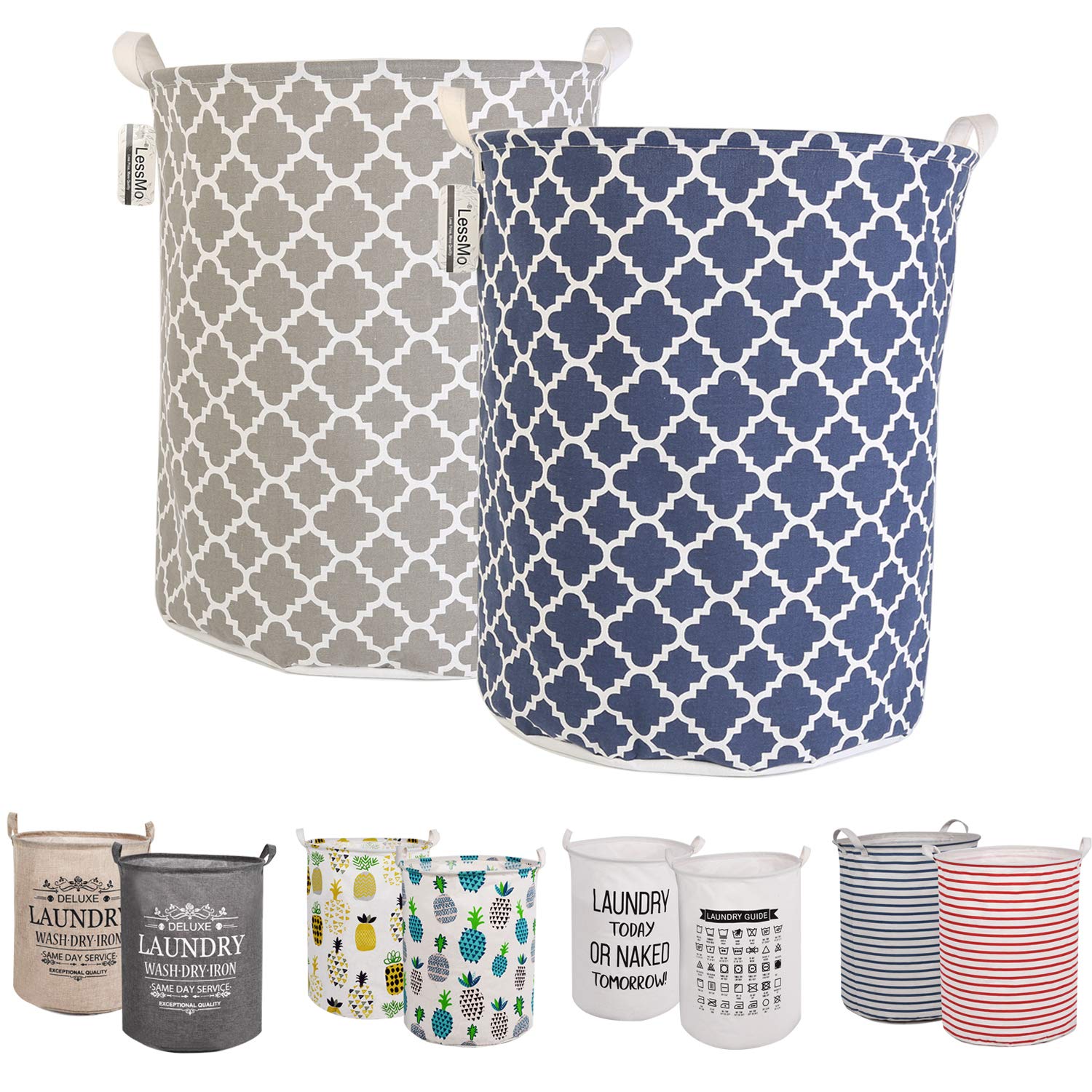 LessMo 2Pcs 17.7" Laundry Hamper, Collapsible Storage Basket With Easy Carry Handles, Waterproof Round Cotton Linen, for Baby Products, Toys, Bedroom Hamper