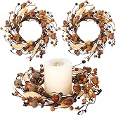 FineCheer 2 Pack Small Fall Candle Rings Rustic Thanksgiving Candle Wreaths | 6" Artificial Textured Leaves Acorn Twig, Fall Berries Table Centerpiece, Farmhouse Hanging Wreath, Thanksgiving Autumn Decor