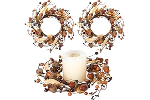 FineCheer 2 Pack Small Fall Candle Rings Wreath 6" with Artificial Textured Leaves and Acorn Twig Wreath for Pillar Flower Mini Candle Rings Thanksgiving Fall Wedding Rustic Seasonal Decoration