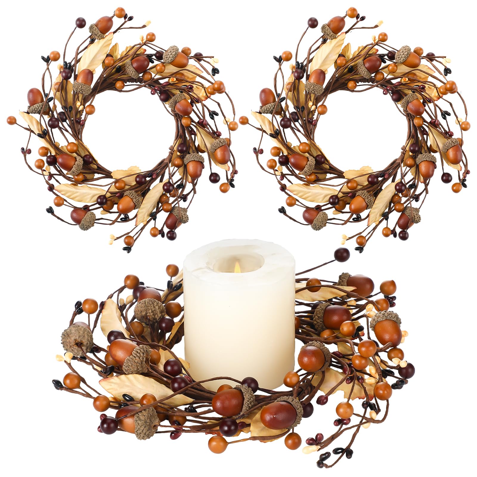 Photo 1 of FineCheer 2 Pack Small Fall Candle Rings Wreath 6" with Artificial Textured Leaves and Acorn Twig Wreath for Pillar Flower Mini Candle Rings Thanksgiving Fall Wedding Rustic Seasonal Decoration