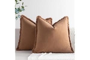 ZWJD Pillow Covers 18x18 Set of 2 Camel Throw Pillow Covers with Fringe Chic Cotton Decorative Pillows Square Cushion Covers for Sofa Couch Bed Living Room Farmhouse Boho Decor