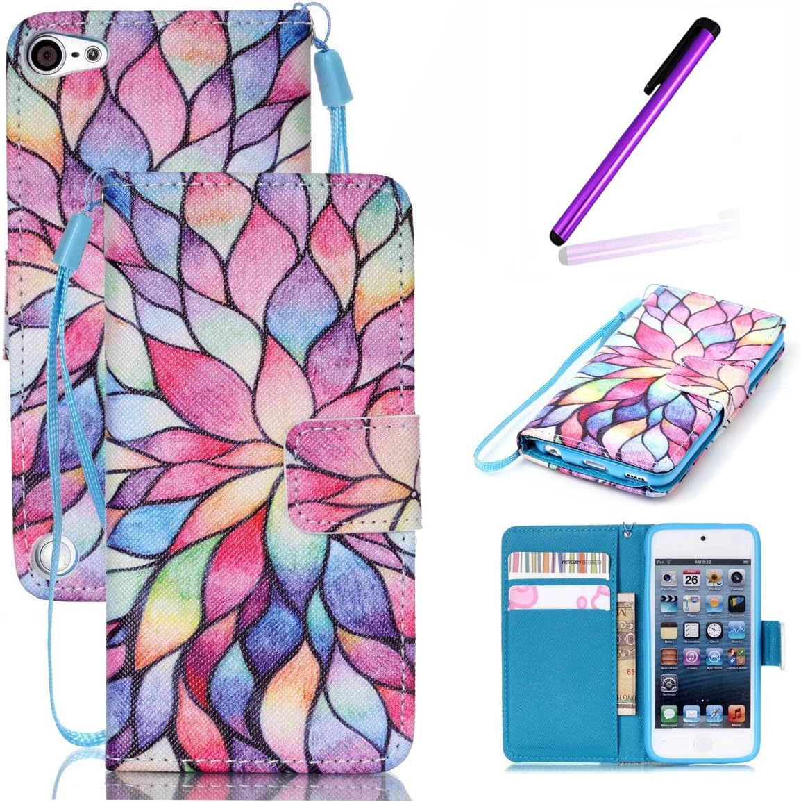 iPod Touch 5 Case,iPod Touch 6 Case,LEECO Fashion Synthetic PU Leather Wallet Type Magnet Design Flip Stand Case Cover for Apple iPod Touch 5 6th Generation + Send 1 Stylus Pen(Lotus)