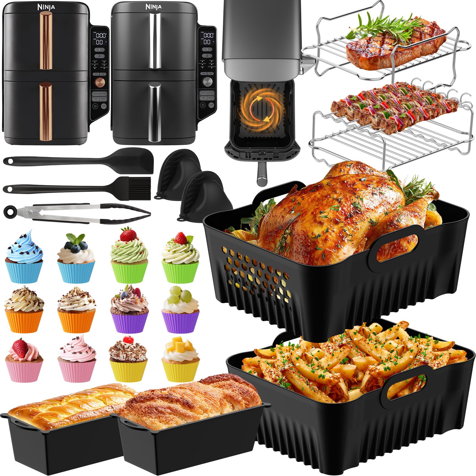 Silikonform Heißluftfritteuse Zubehör für Ninja Double Stack XL 9.5L Air Fryer SL400EU SL400EUCP, 2 Stück Airfryer Silikon Einsatz für Ninja Foodi MAX Dual Zone SL400EU/COSORI 8.5L, 27 Artikel