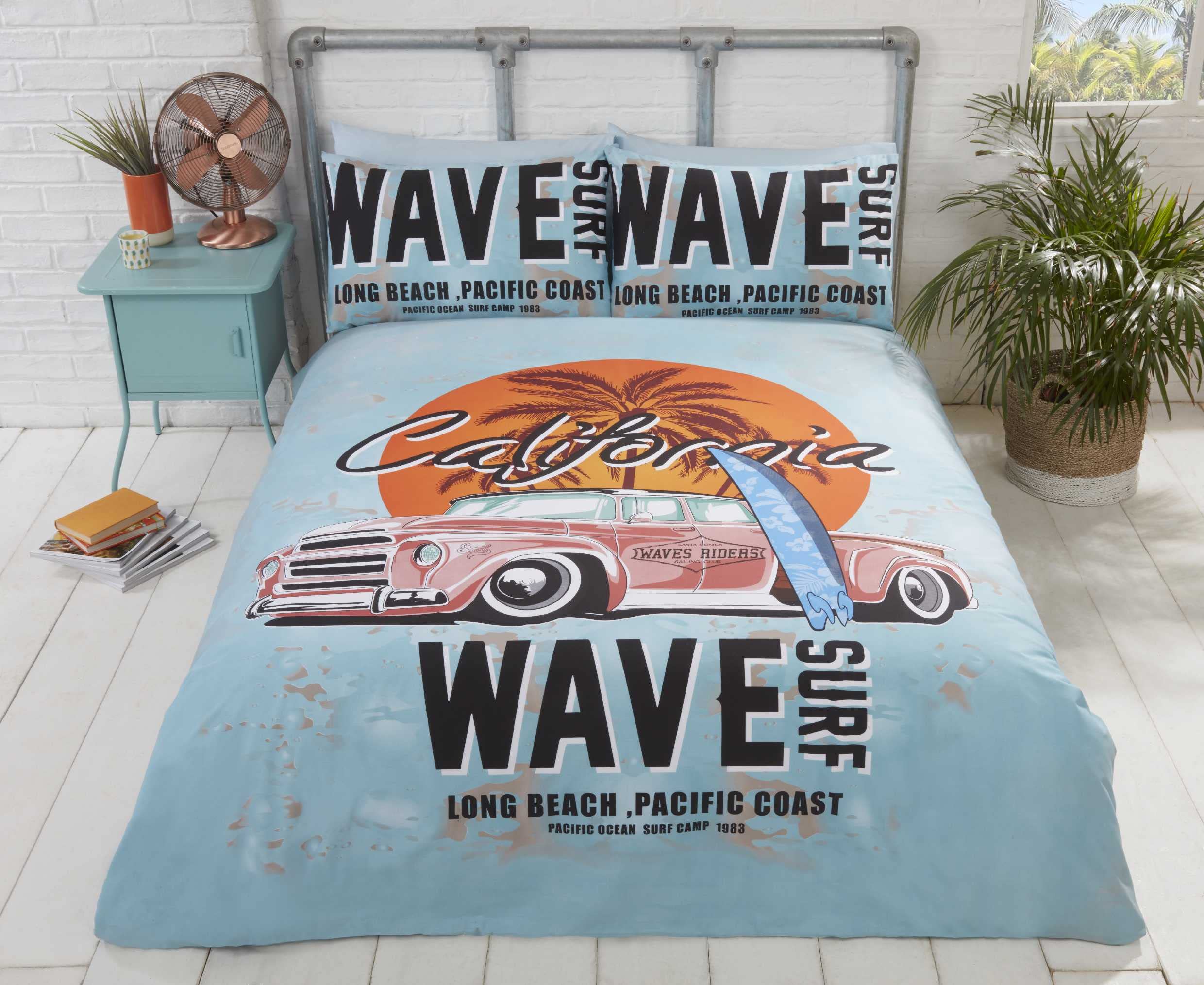 Rapport Duvet Cover Bedding Set-Retro California Surf Board on a Beach with Palm Tree & Vintage Car, Blue, Duck Egg, King
