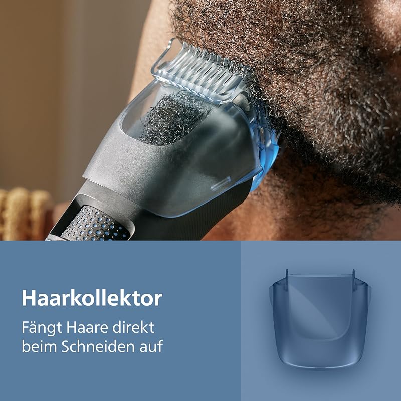 Bartschneider 7000er-Serie – selbstschärfende Metallklingen, 40 Längeneinstellungen, BeardSense-Technologie, Haarkollektor, 100% wasserdicht, Ladestation, Aufbewahrungsetui, Modell BT7660/15