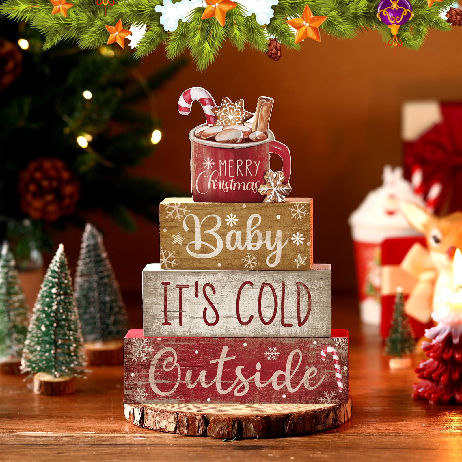 4 Pcs Christmas Table Decor Wooden Hot Cocoa Decoration Christmas Centerpiece Winter Tiered Tray Decor Decorative Red Hot Cocoa Block Signs Gift Farmhouse Xmas Decoration for Home Kitchen