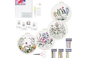 Enkor 4 Sets Embroidery Kit for Beginners Adults-Cross Stitch Kits for Beginner Easy to Learn Stitches from Instruction Video Needlepoint Kits Floral Stamped Embroidery Pattern-Flowers F4