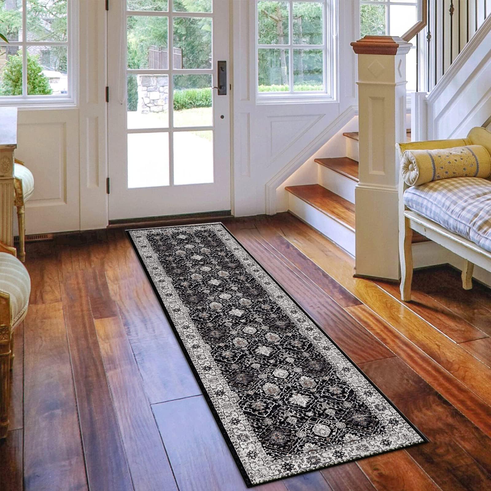 Photo 1 of Hallway 2x8 Washable Runner Rug: Oriental Stain Resistant Kitchen Entryway Rugs Farmhouse Ultra Soft Bathroom Bedroom Print Floor Mat Thin Non Slip Indoor Carpet for Living Room Laudry(2x8,Black)