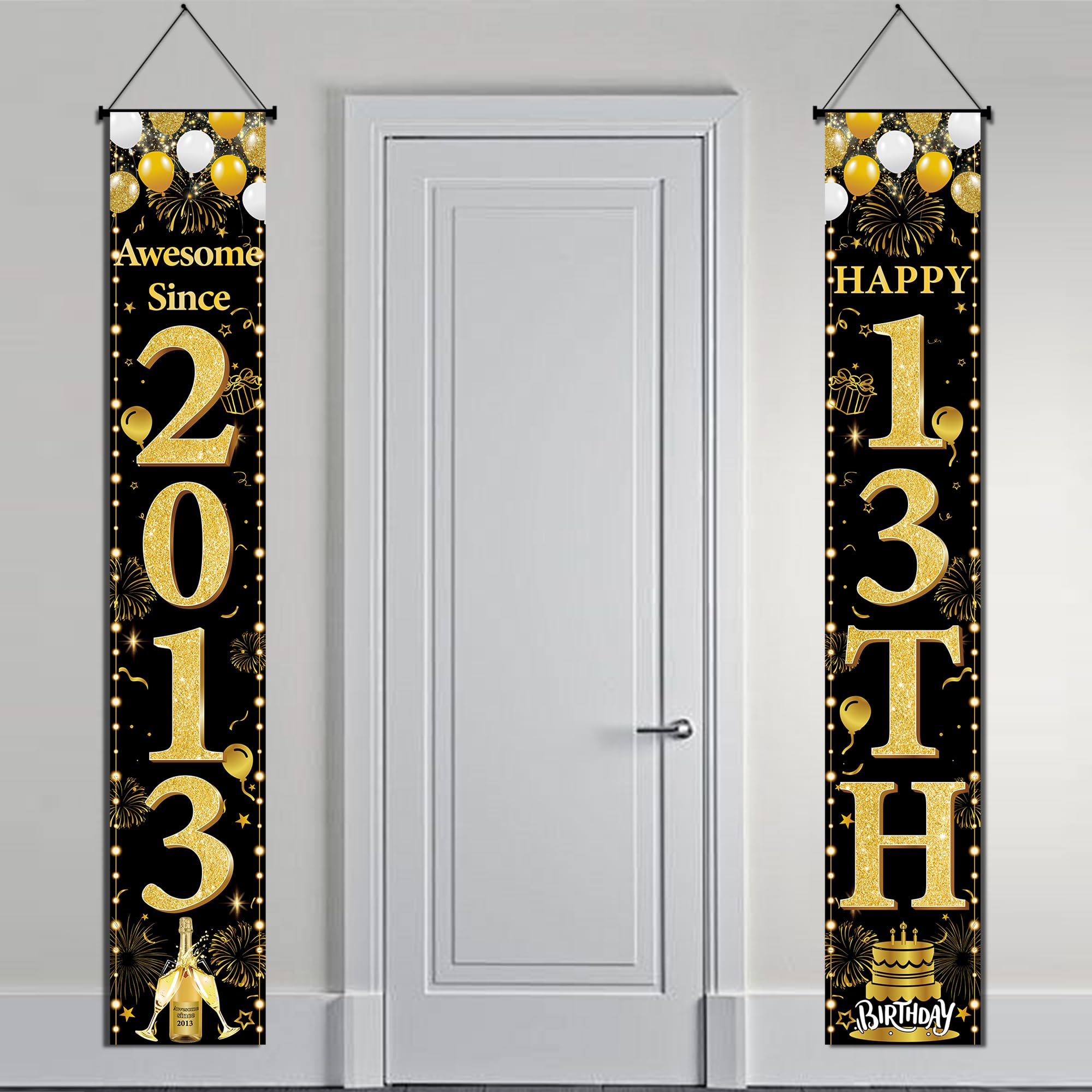 13th Birthday Decorations Door Banner - Black Gold Awesome Since 2013 Happy 13th Birthday Party Door Porch Sign for Teenager Girls Boys Party Photo Booth Background Decor, 180 × 30 cm