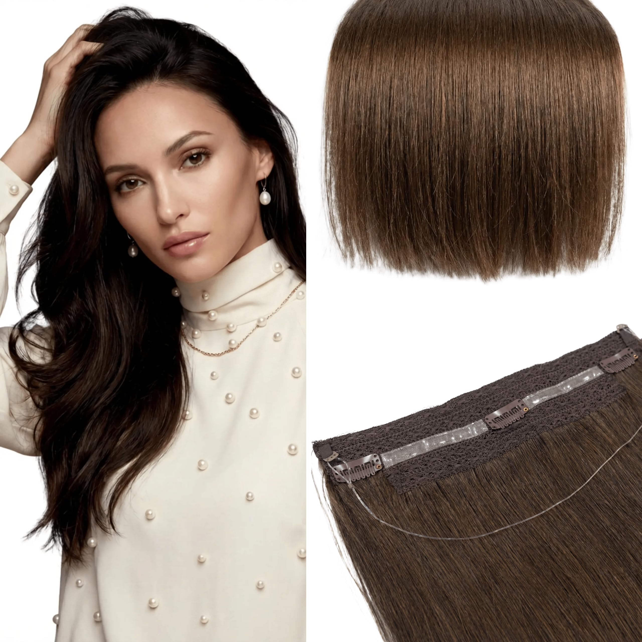 Photo 1 of Hair Halo Extensions for Women Brown 20 Inch 140g, Best Double Drawn Invisible Wire Human Hair, Zero Damage Expensive Brunette Look, 30s Secure Fit for Professional Image & Speed