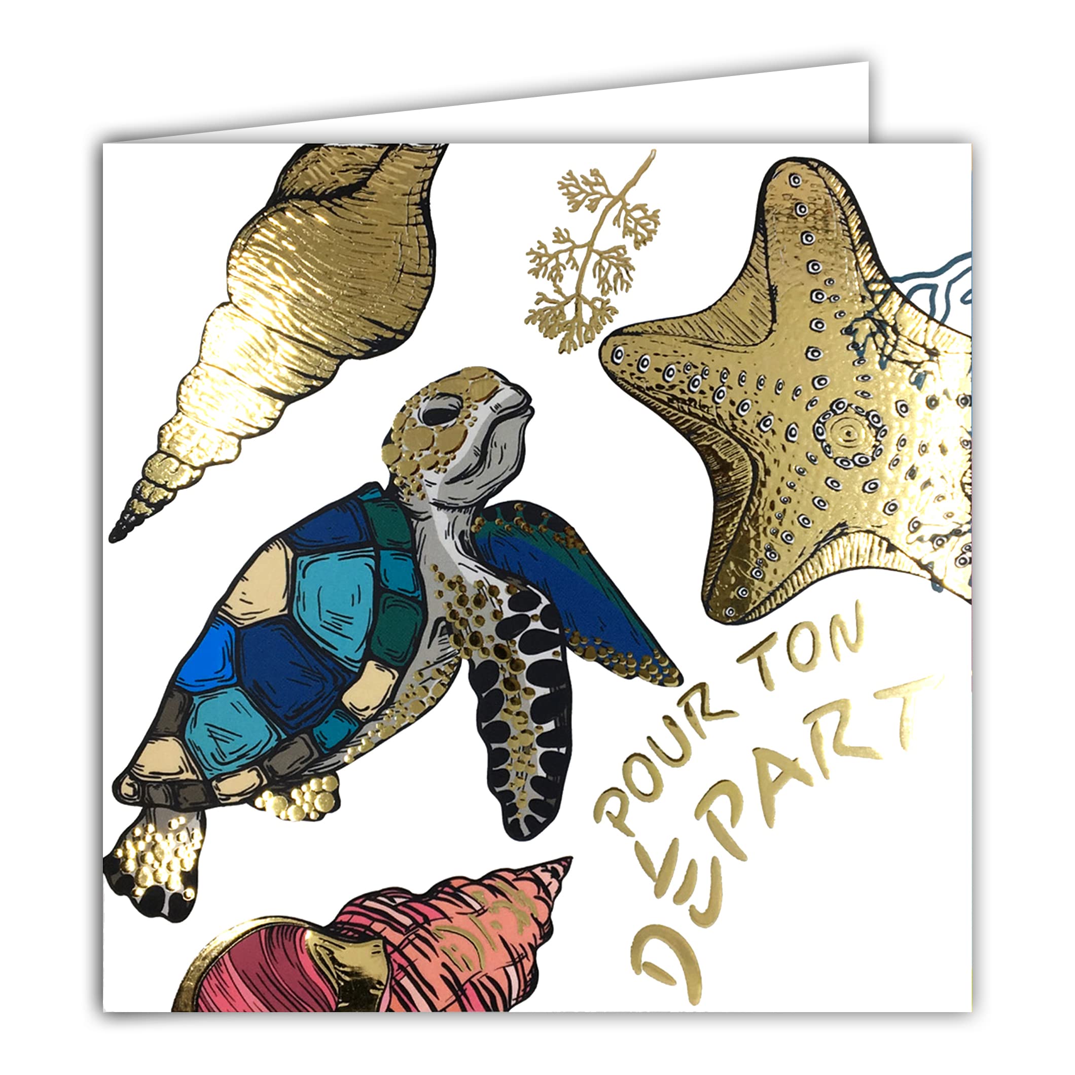 Afie 22091 Square Card with Envelope 15 x 15 cm for Start in Gold Shiny Starfish Turtle in Textured Relief to Gift to Coworkers, Friends or Retired Related - Made in France