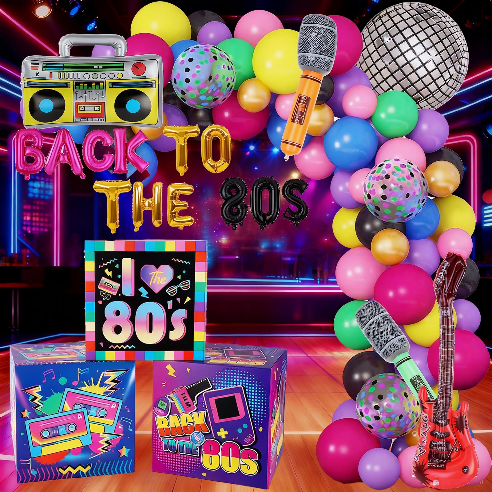 Photo 1 of 100pcs 80's Party Boxes Balloons Decoration Back to The 80s Balloon Garland Arch Kit Cardboard Disco Ball Radio Boom Boxes Guitar Microphone Foil Balloons for Back to 80s 90s Hip Hop Birthday Supplies