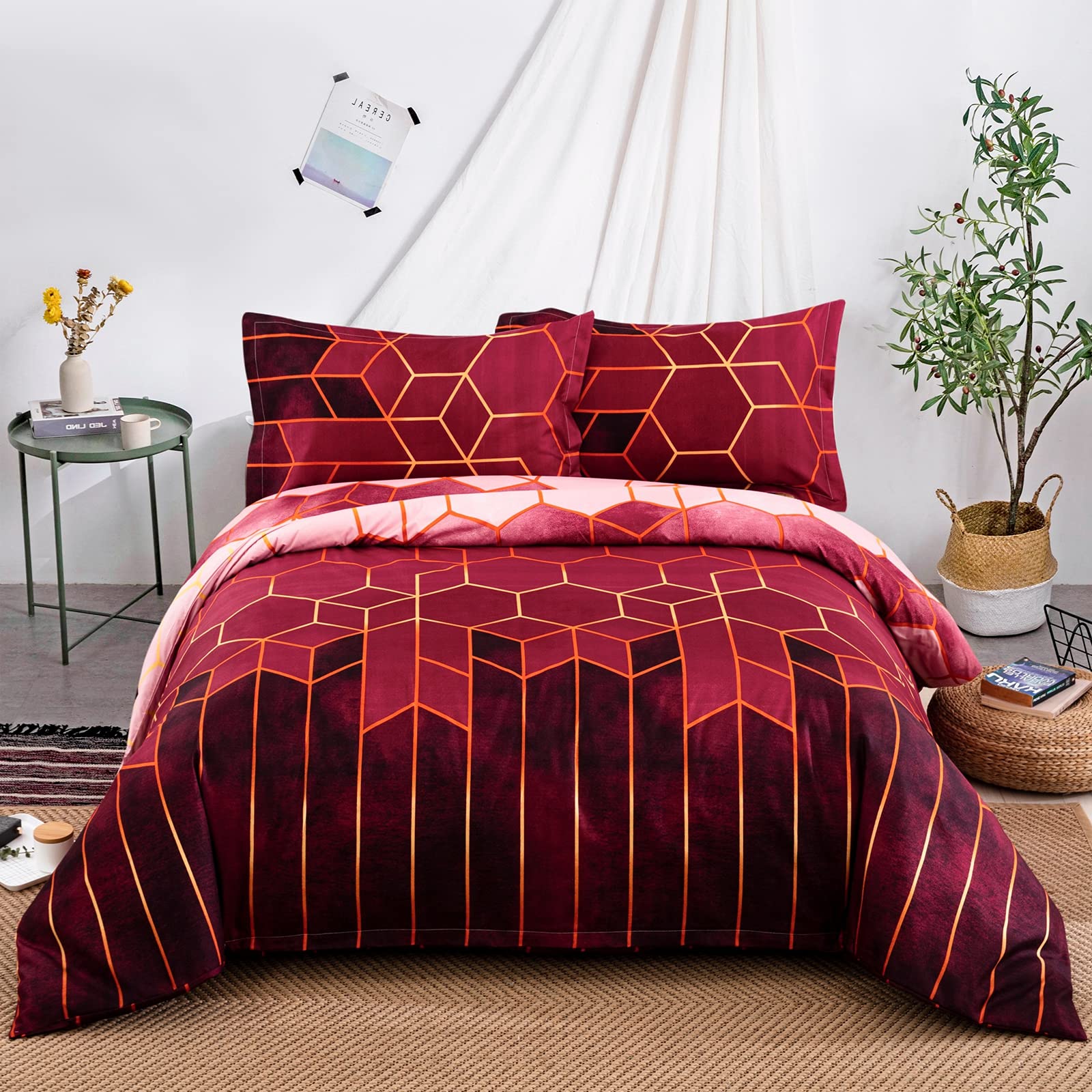 DJY Red Geometric Duvet Cover Golden Stripes Duvet Cover Set, Reversible Lightweight Bedding Sets 3pcs with Zipper Closure (King, 220x230cm)