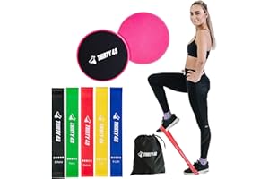 Thirty48 Gliding Discs Core Sliders and 5 Exercise Resistance Bands | Strength, Stability, and Training for Home, Gym, Travel | User Guide & Carry Bag