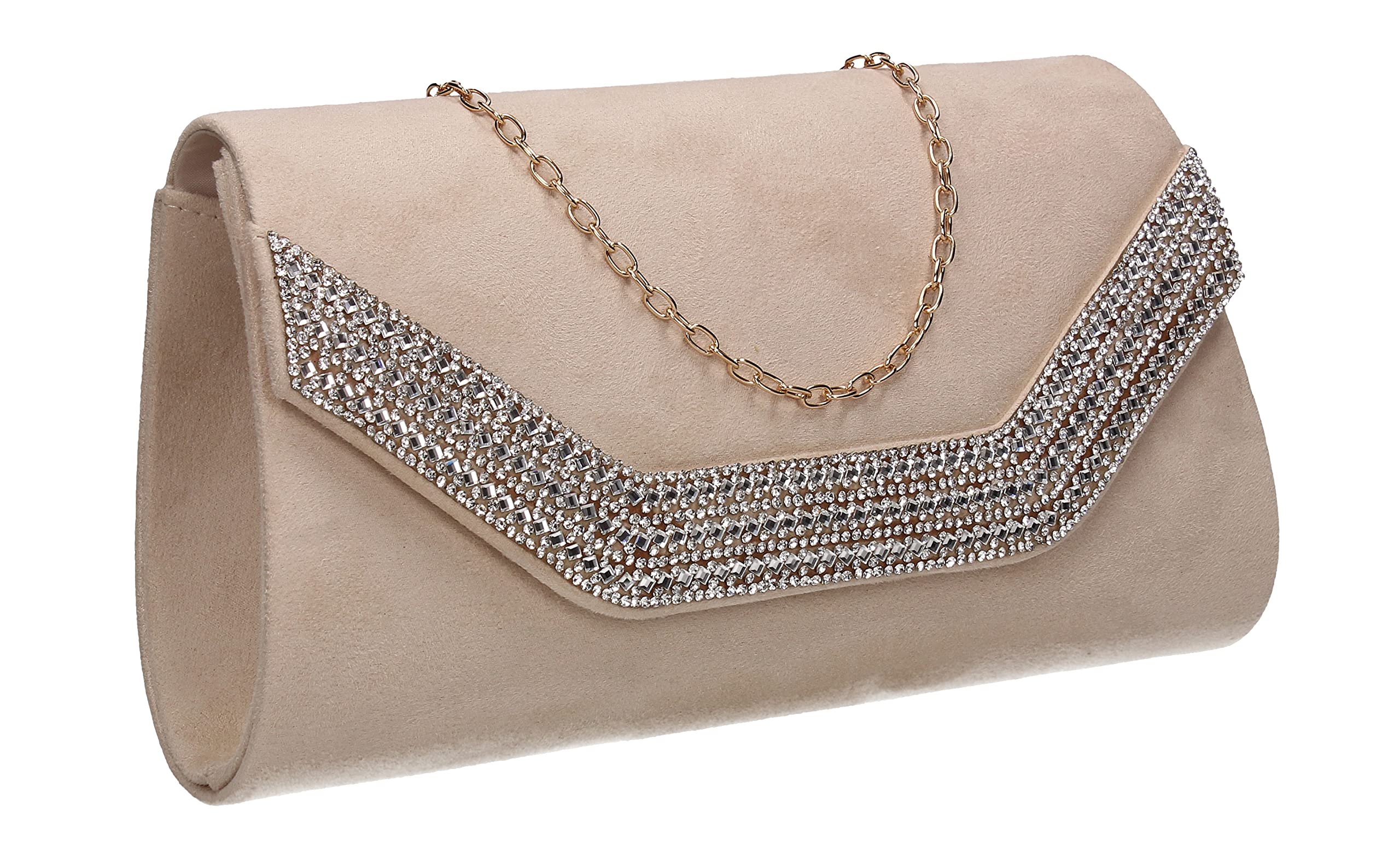 SwankySwans Harper Diamante Faux Suede Womens Ladies Clutch Bag Nude
