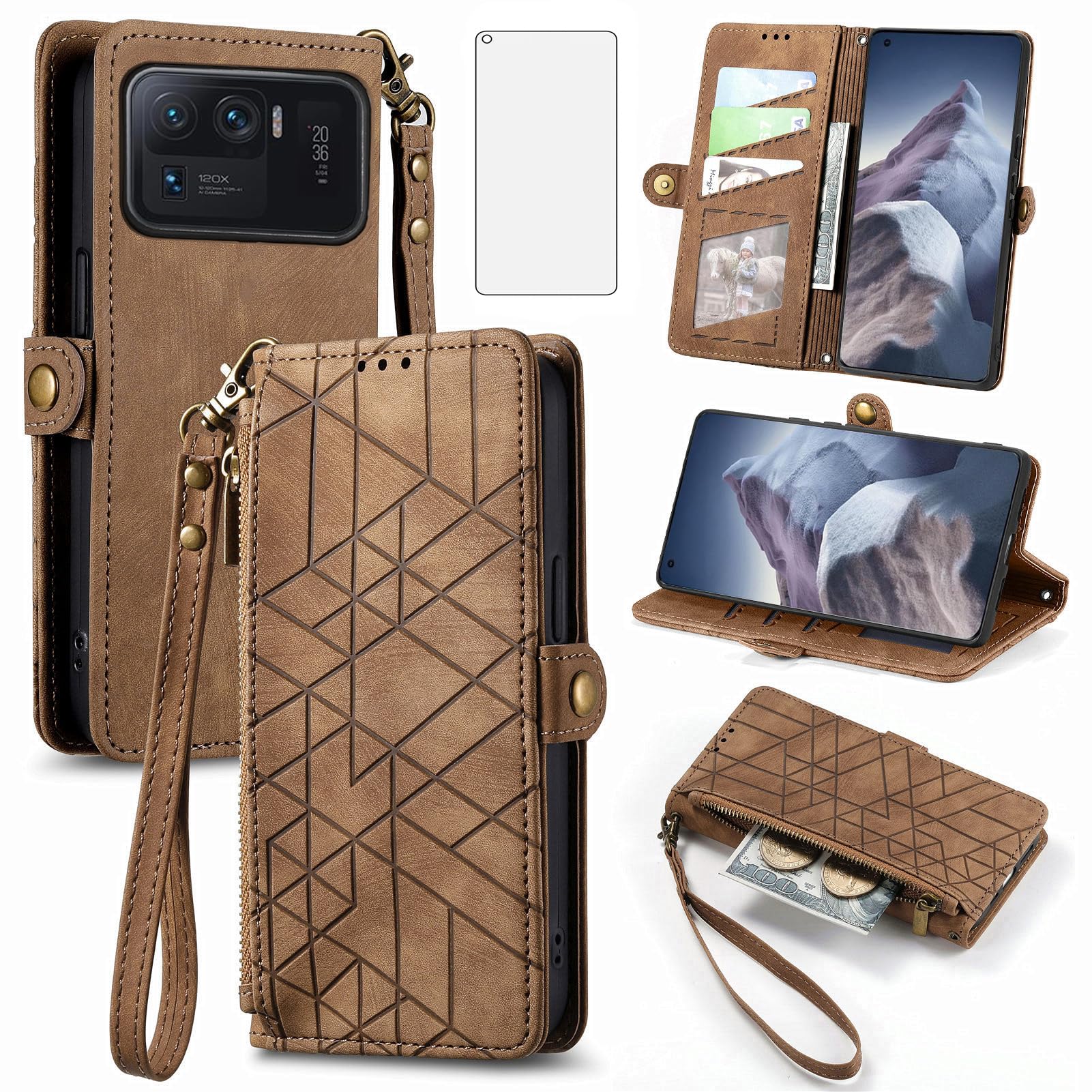 Asuwish Phone Case for Xiaomi Mi 11 Ultra 5G Wallet Cover with Tempered Glass Screen Protector and Wrist Strap Flip Zipper Card Holder Stand Cell Accessories Mi11Ultra Mi11 11Ultra G5 Women Men Brown