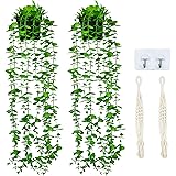 Artflower Artificial Hanging Eucalyptus Plants in Pots 2 Pack Fake Plastic Greenery Vines with Hanging Baskets for Home Shelv