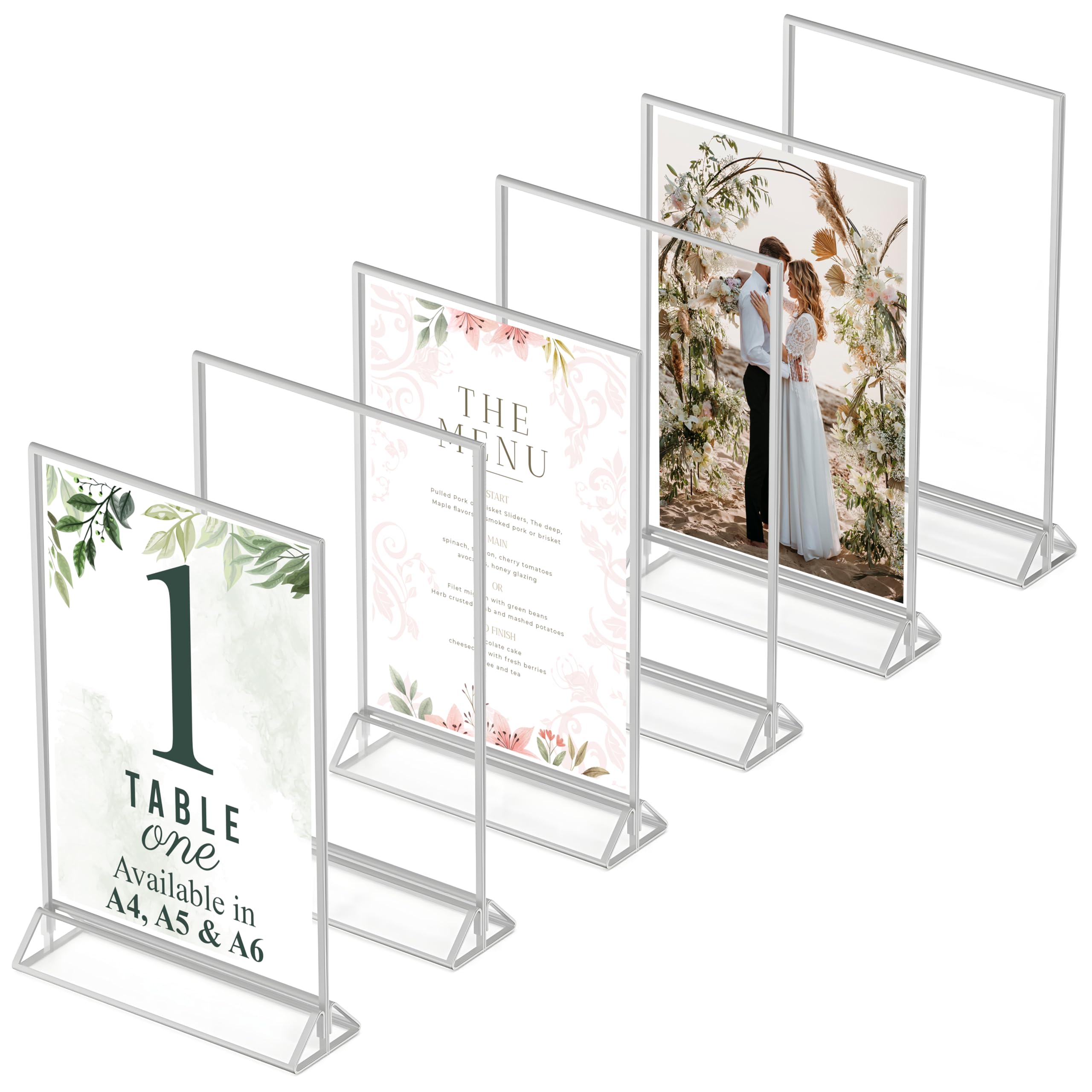 Dasher Products Silver Picture Frames Double Sided A4 - 6 Pack - Acrylic Silver Table Number Holders, Clear Easel Table Stands for Signs, Menu Holder, Photo Frame