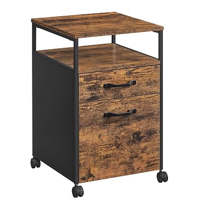 VASAGLE File Cabinet, Mobile Filing Cabinet with Wheels, 2 Drawers, Open Shelf, for A4, Letter Size, Hanging File Folders, Rustic Brown and Ink Black UOFC71X