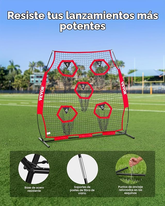 Rede de Lançamento para Treinador de Futebol Americano, 208 x 91 x 189 cm, Saco de Armazenamento Portátil, Correias e Rede Sem Nós, para Treino de Precisão de Passes do Quarterback, Vermelho
