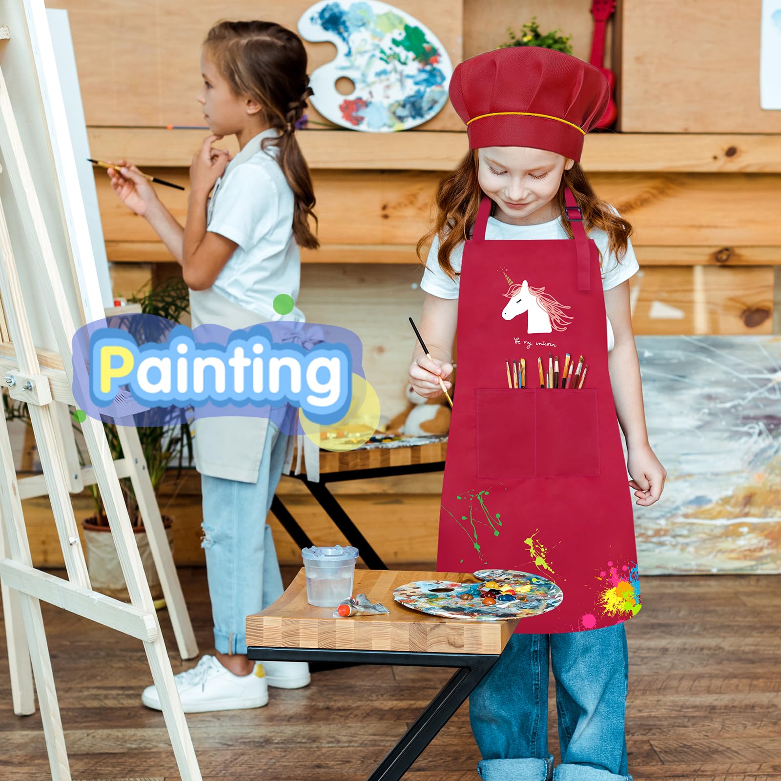 Ecoofor 20 Pieces Kid Aprons and chef hat 10 colors Kids Painting Aprons for Children Adjustable Chef Aprons for Boys and Girls Art Painting Cooking Baking (Large Size for 5-12 Age)