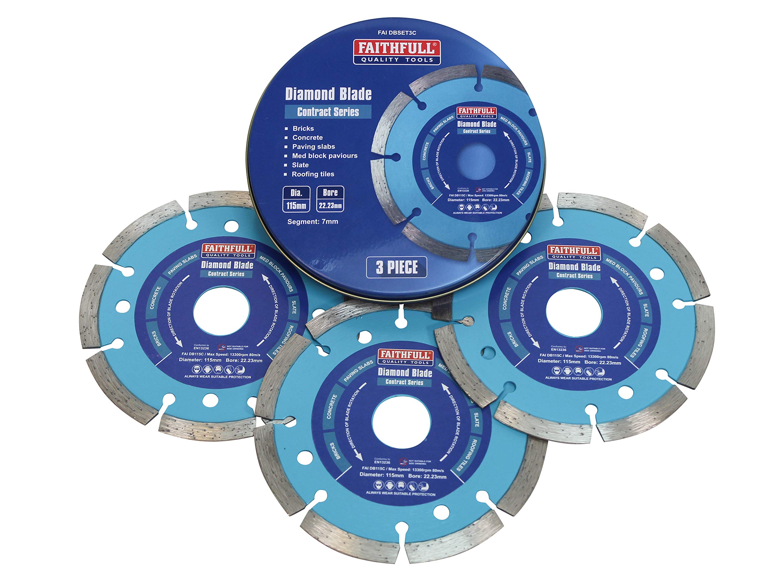 Faithfull FAIDBSET3C Paving Slab, Concrete, Brick and Roofing Tiles, General Purpose Diamond Cutting Blade Triple Pack 115mm (4.5 Inch) with Storage Tin, Blue