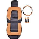 Amazon Basics Deluxe Sideless Universal Fit Leatherette Seat Cover Set with Wheel Cover and Seatbelt Pads, Black and Brown