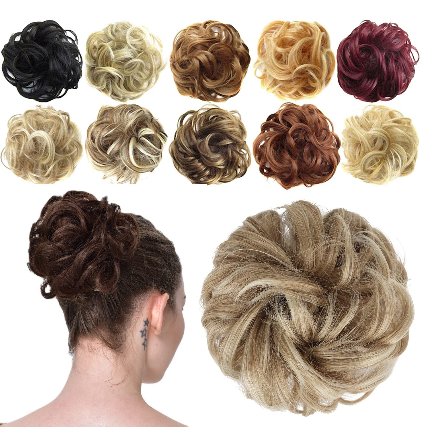 FESHFEN Messy Bun Hair Pieces - Wavy Curly Elastic Hair Bun Scrunchies Ponytail Extensions Synthetic Chignon Hairpieces for Women, Mixed Blonde and Ash Blonde Tips 42 g — image 1