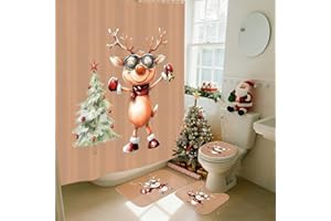 Amyhill Christmas Shower Curtain Set, 4 Pcs Reindeer Bathroom Decor, 71 x 71 Inch Shower Curtain with 12 Hooks, Toilet Lid Cover, Bath Mat and Accessories, Durable Bathroom Decor Set
