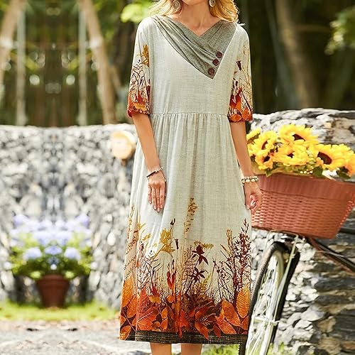 Summer Dresses, Women Dresses Casual AMZ Prime Boho Dress Midi Women's  Button Decoration V Neck Dress Ladies Patchwork Floral Print Short Sleeve  Long Dress Plus Size Dresses for (XL, Yellow) in Dubai -