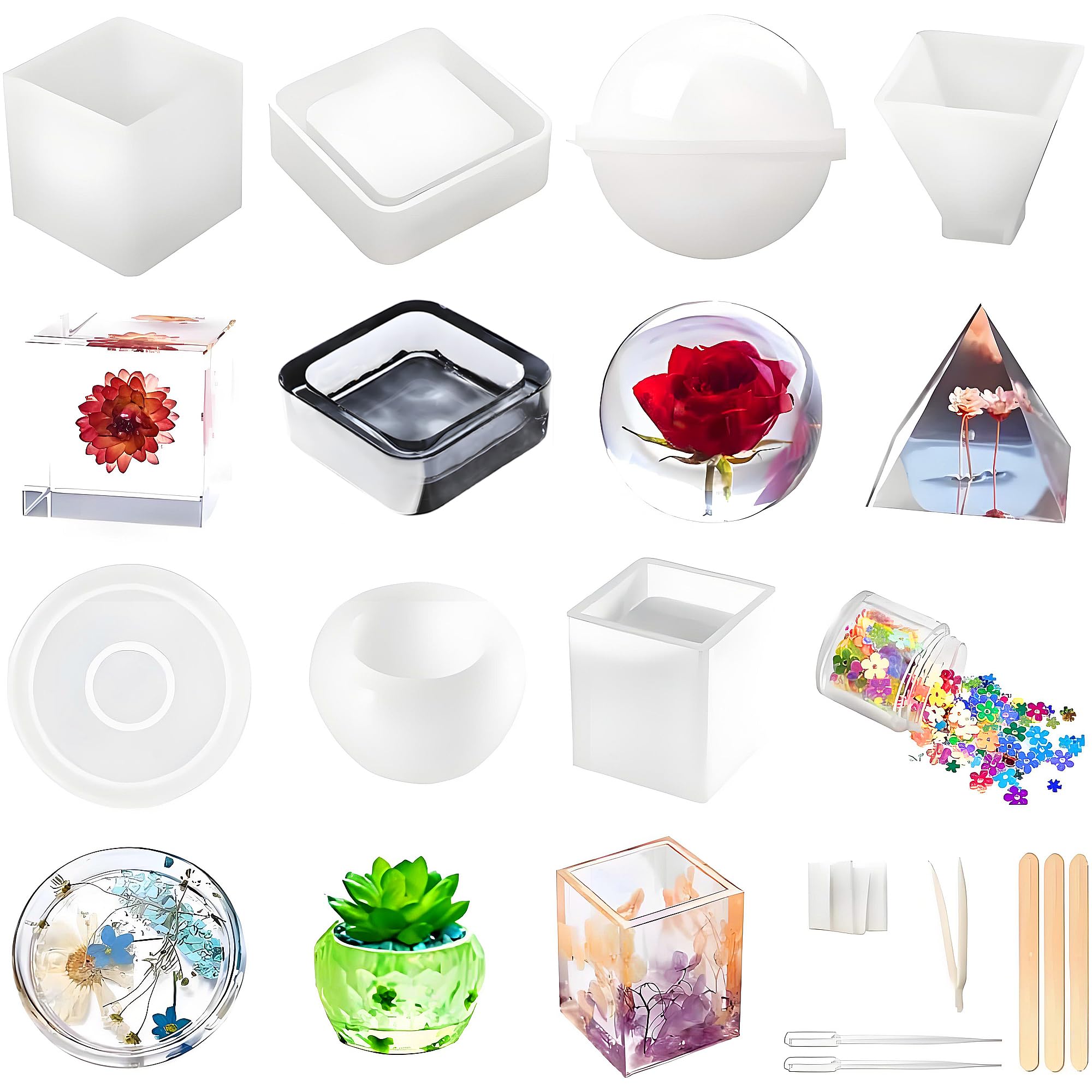 Resin Molds Silicone Kit 20Pcs,Epoxy Resin Molds Including Sphere,Cube,Pyramid,Square,Round, Used for Create Art,DIY,Ash Trays,Coasters,Candles.Bonus Decorative Sequins and The Complete Set Tools