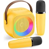 Mini Karaoke Machine for Kids Adults：Portable Bluetooth Karaoke Speaker with 2 Wireless Microphones and Lights for Home Party, Christmas Birthday Gifts for 4-12+ Years Old Girls Boys(Yellow)