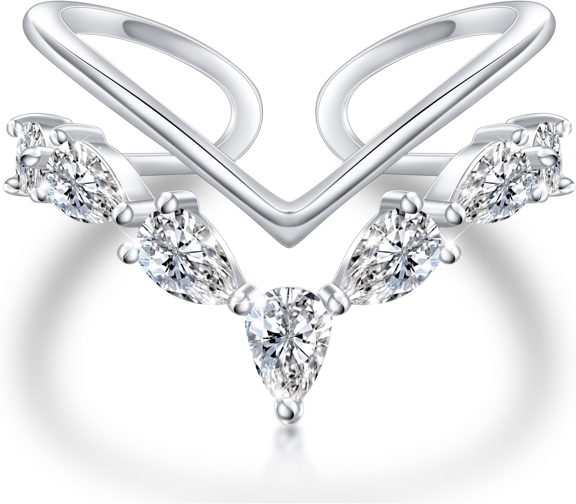 shaoan jewelry Sterling Silver CZ V Ring Open Adjustable Wrap Heart Princess Ring for Women Girl, Size 7