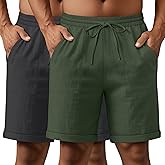 Neer 2 Pack Men's Cotton Linen Blend Bermuda Flat Front Shorts, 7" Casual Elastic Waist Drawstring Summer Shorts with Pockets
