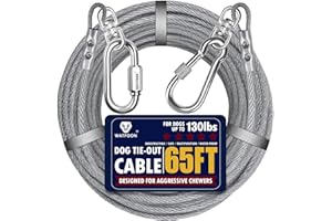 WATFOON Dog Leads for Yard 20ft 25ft 30ft 35ft 40ft 45ft 50ft 55ft 65ft 100ft Dog Tie Out Cable Runner Steel Tieout Heavy Duty Tether Chew Proof Long Dog Chains for Outside, Camping, Park (65ft-Silver)